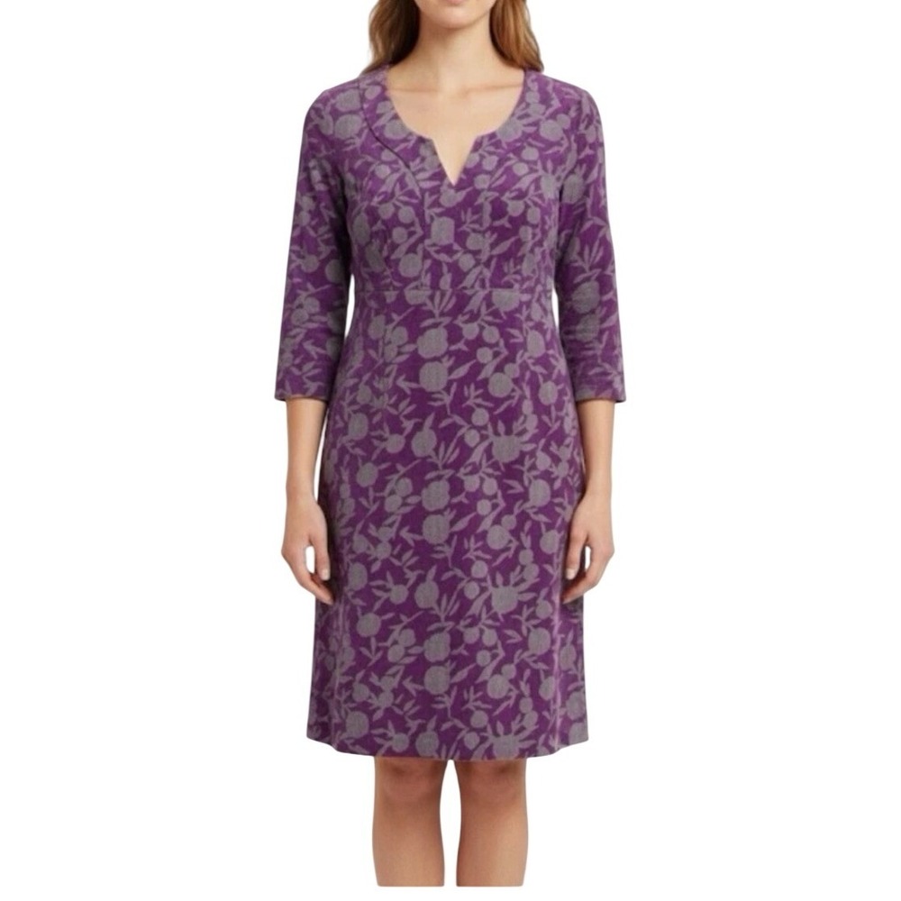 Boden Floral Corduroy Sheath Dress Womens 6L Purple Gray Notched Neck WH227